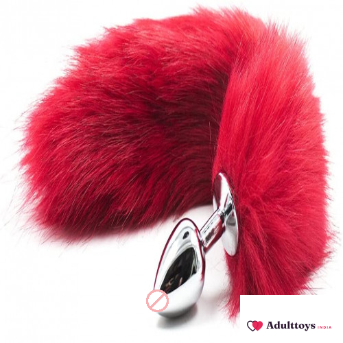 Stainless Steel Red Fur Fox Tail Butt Plug - front view