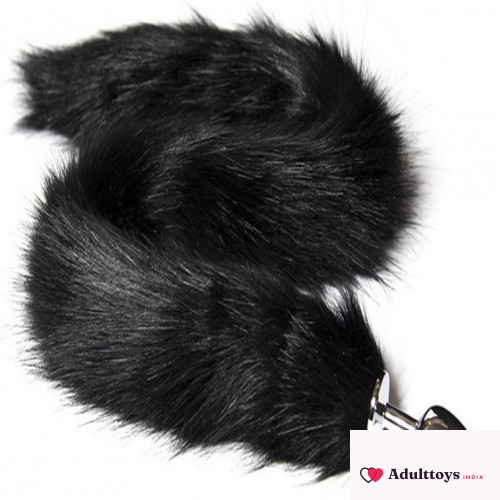 Stainless Steel Soft Black Fur Fox Tail Butt Plug - front view