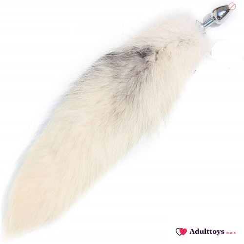 Stainless Steel White Fur Fox Tail Butt Plug - front view