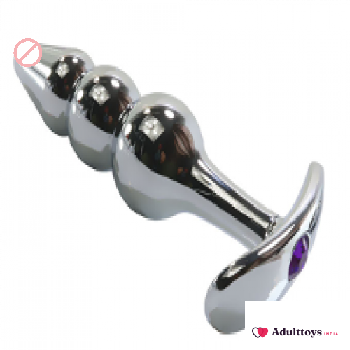 3 Balls Ribbed Stainless Steel Butt Plug - front view
