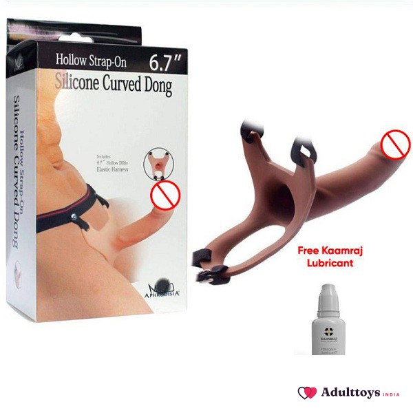 Silicone Skin And Brown Color Hollow Strap On Dildo With Harness - front view