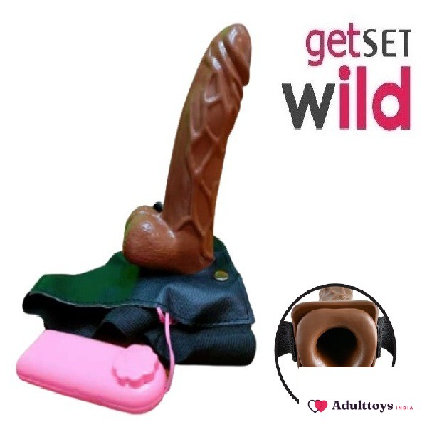 6.5 Inch Realistic Vibrating Hollow Strap On Dildo Brown - front view