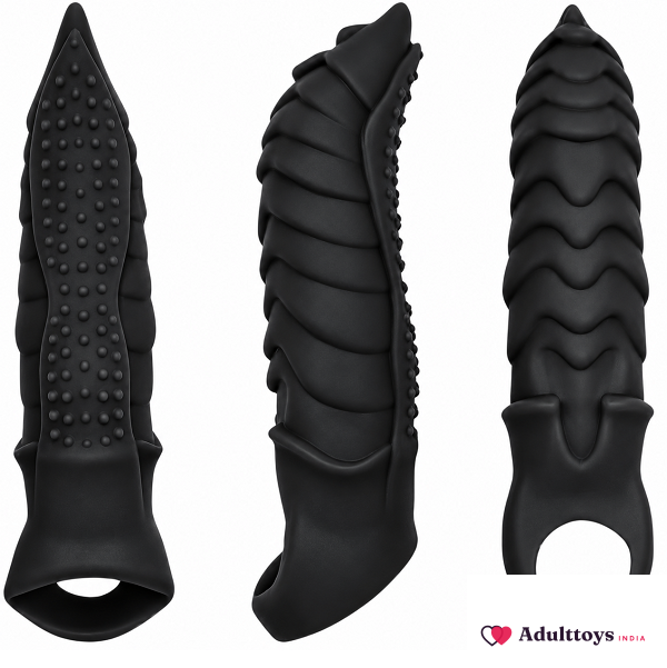 8 Inches Black Monster Silicone Penis Sleeve - front view