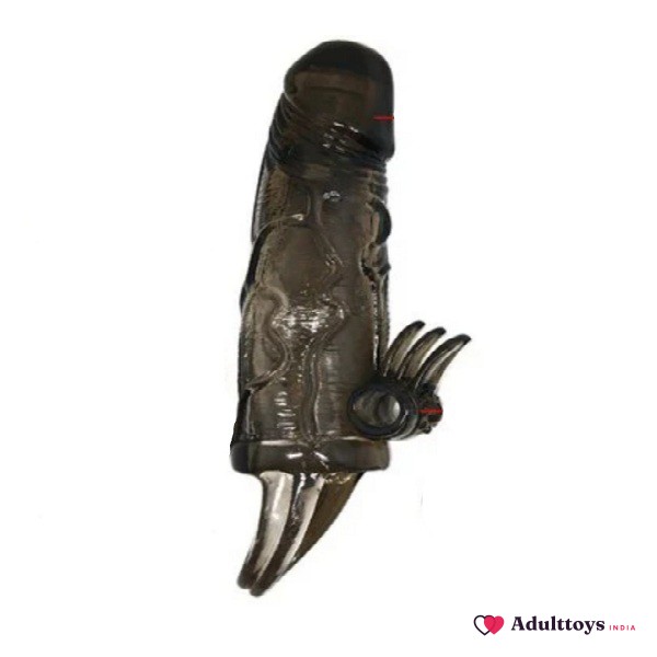 SHARKZ Black Colour Vibrating Reusable Penis Sleeve Extender - front view
