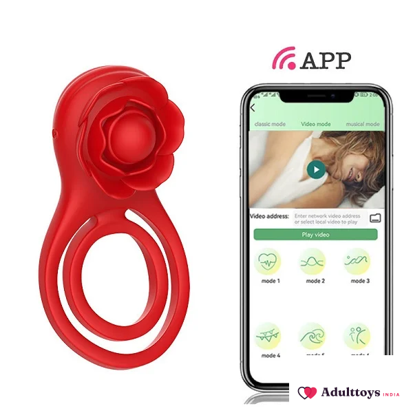 Ejaculation Delay Nipple Stimulator Vaginal Massager APP Vibrating Rose Cock Ring - front view