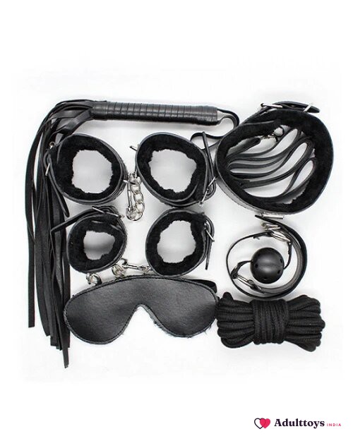 BDSM Bondage Kit Couple Fun- 7 Pieces Set (Black) - front view